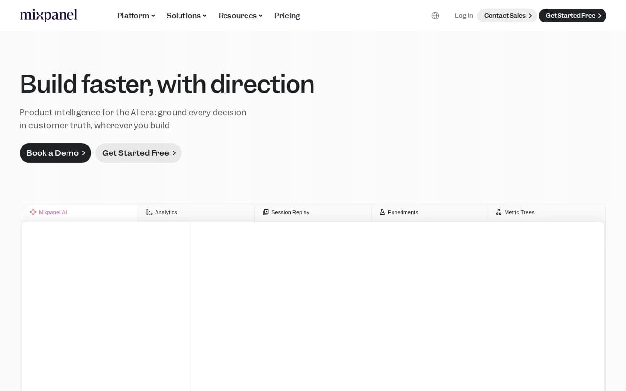 Mixpanel landing page snapshot - August 2026
